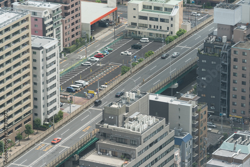 Urban highway, road in Tokyo, Japan, Aerial drone view