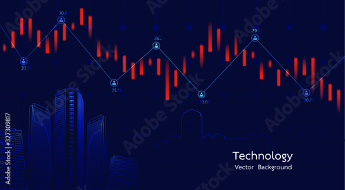 City background Financial graph on night city scape with tall buildings background double exposure. Economic growth graph chart. Vector illustration.