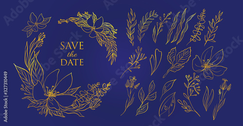 Vector gold floral illustration set. DIY flower elements- perfect for flower bouquets, wreaths, arrangements, wedding invitations, anniversary, birthday, postcards, greetings, logo.