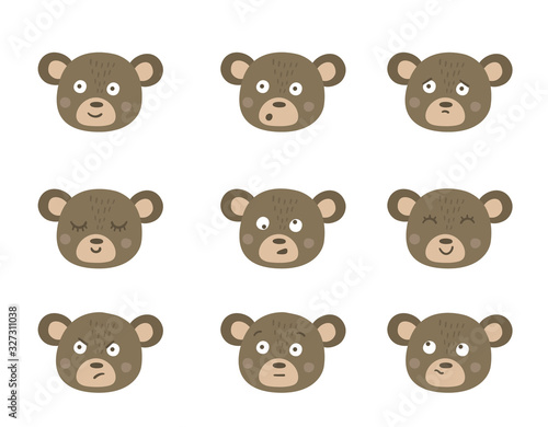 Vector bear faces with different emotions. Set of animal emoji stickers. Heads with funny expressions isolated on white background.