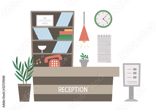 Vector reception room interior. Empty corridor with counter, phone, calendar, clock. Hospital, clinic or salon office flat illustration..