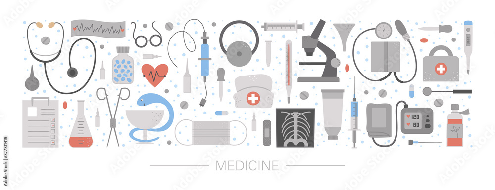 Vector horizontal layout set with medical equipment and tools. Medicine elements banner design. Cute funny health care, check or research card template.. Vector horizontal layout set with medical equipment and tools. Medicine elements banner design. Cute funny health care, check or research card template..
