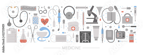 Vector horizontal layout set with medical equipment and tools. Medicine elements banner design. Cute funny health care, check or research card template..