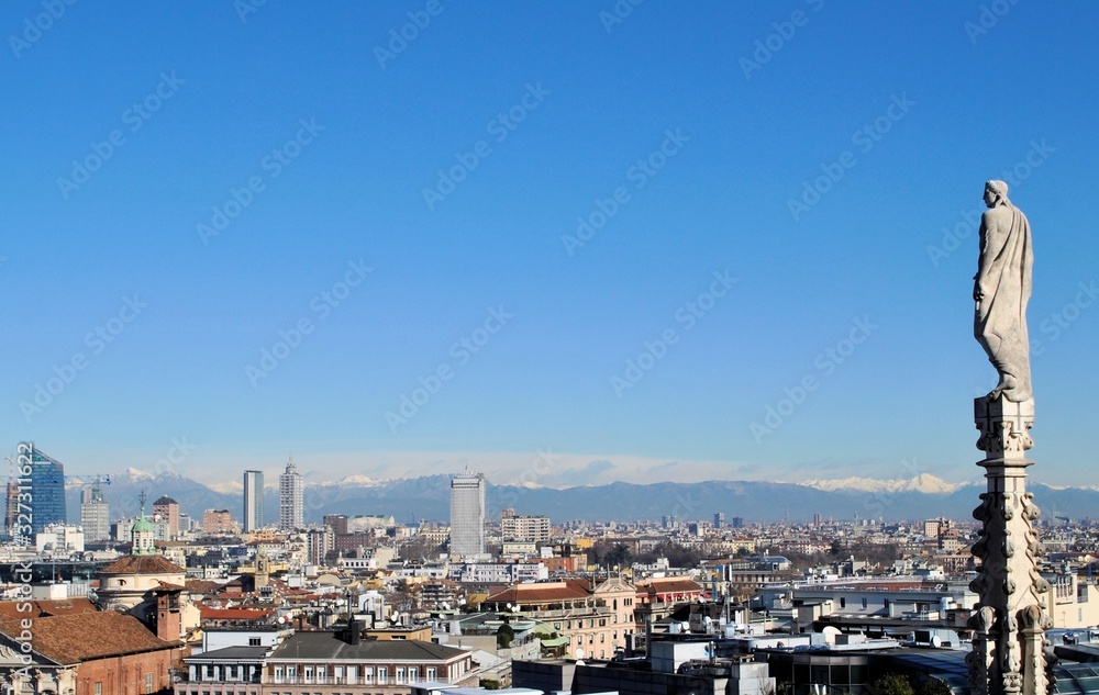Old medieval Italian city Milan urban architecture details cityscape cathedral Duomo building history panorama background 