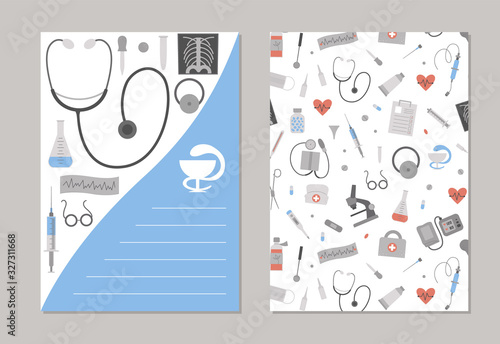 Set of vector medicine vertical layout card templates. Brochure, flyer, banner pre-made designs with cute cartoon medical elements. Health care flat illustration. .
