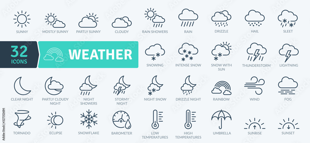 Weather Icons Pack. Thin line icons set. Flaticon collection set. Simple vector icons - obrazy, fototapety, plakaty 