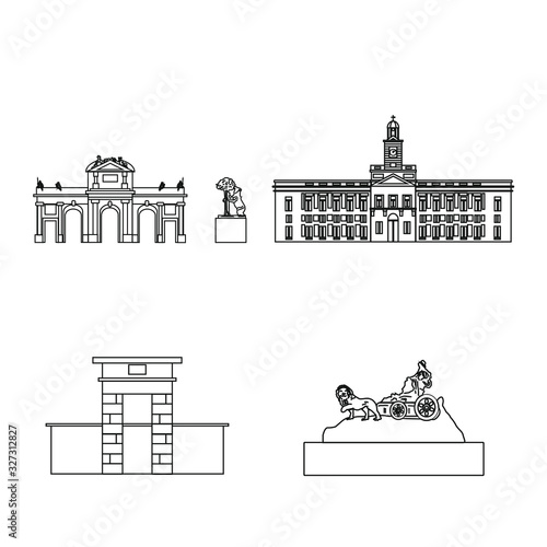 Madrid city buildings and monuments on white background