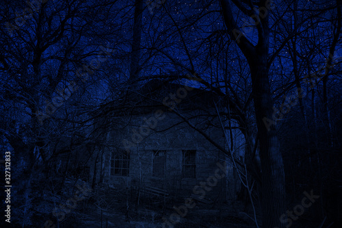 Mountain night landscape of building at forest at night with moon or vintage country house at night with clouds and stars. Cold autumn night