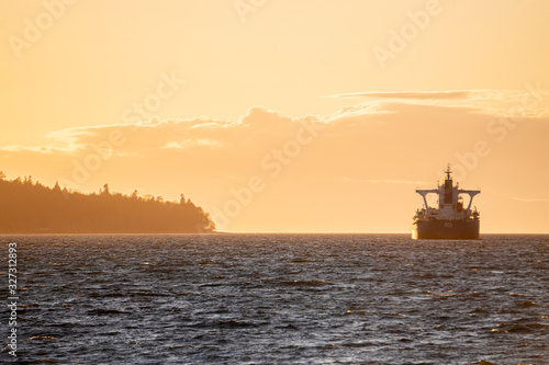 sunset on beach with rocks in the front and large cargo boat near island on water pacific ocean Pacific north west PNW Vancouver Canada boats waiting vertical photo 