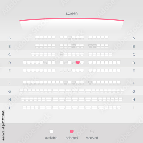 Cinema Ticket Booking Light Theme. Movie ticket reservation UI design template. Vector illustration of top view cinema screen and seats.