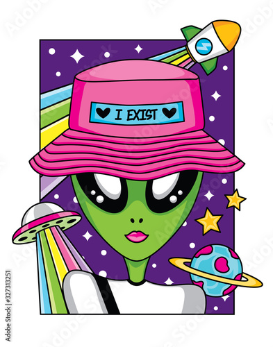 Fun portrait illustration vector of alien in space.