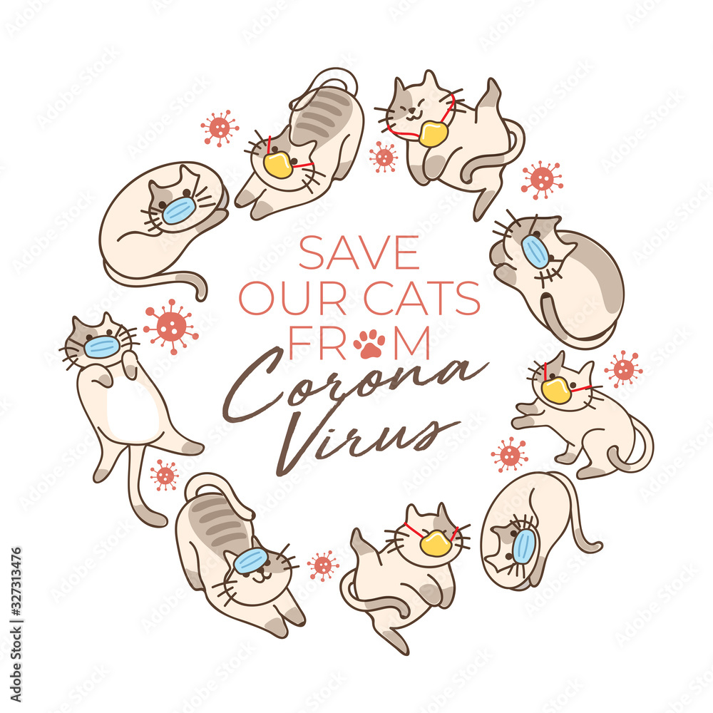Cute kitten wearing medical mask preventing the spread of the virus isolated on white background : Vector Illustration