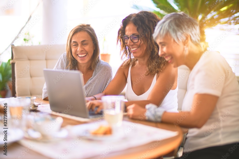 Meeting of middle age women having lunch and drinking coffee. Mature friends smiling happy using laptop at home on a sunny day Meeting of middle age women having lunch and drinking coffee. Mature friends smiling happy using laptop at home on a sunny day
