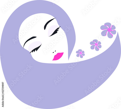 vector illustration of relaxed female face with closed eyes with purple hair