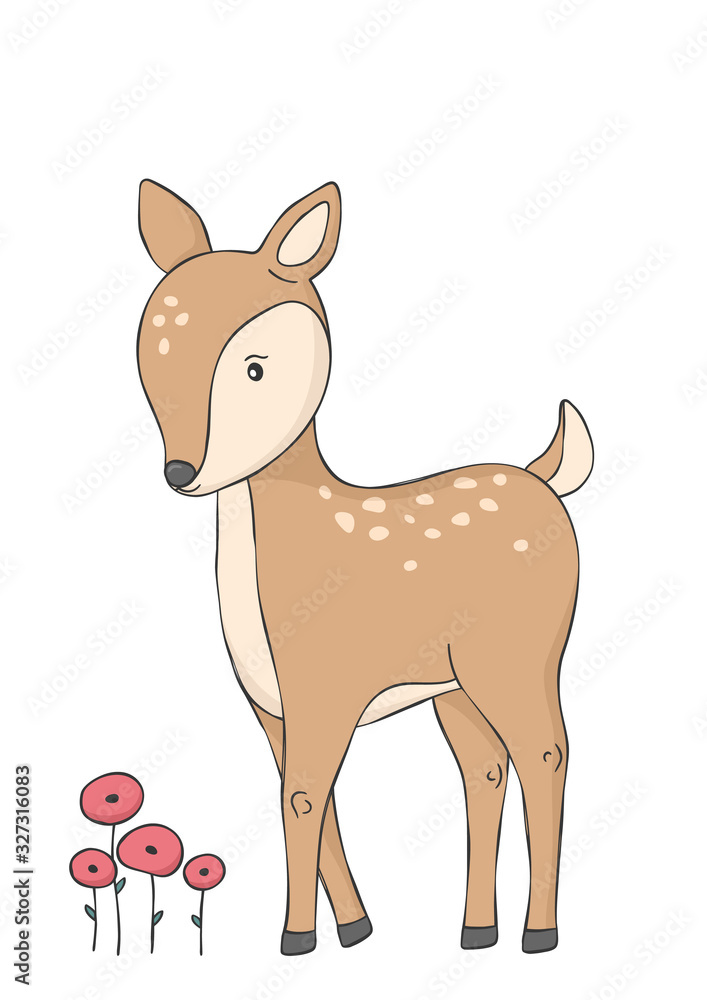 Cute deer and red flowers. Woodland animal. Poster for baby room. Childish print for nursery. Design can be used for fashion t-shirt. Hand drawn vector illustration.