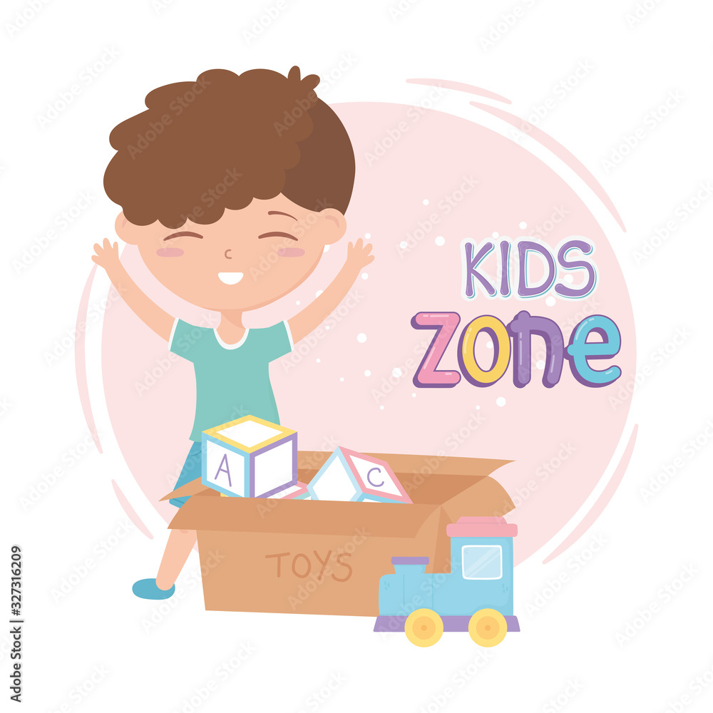 kids zone, cute little boy with filled box toys