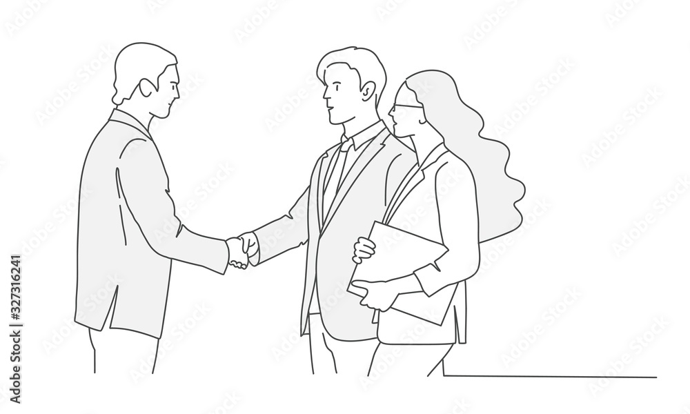 Business people shaking hands during meeting. Hand drawn vector illustration. Business people shaking hands during meeting. Hand drawn vector illustration.