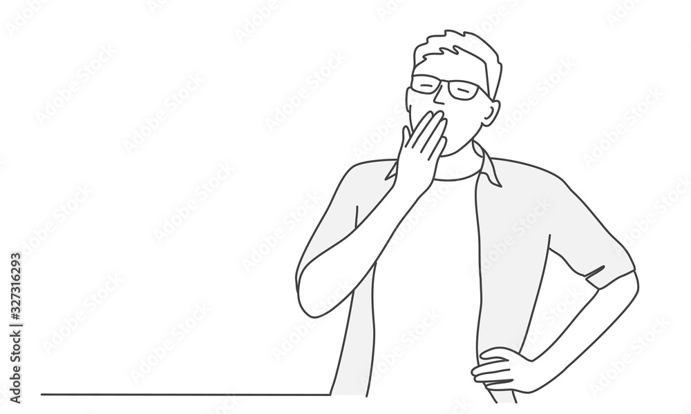 Man in glasses yawns. Hand drawn vector illustration. Man in glasses yawns. Hand drawn vector illustration.