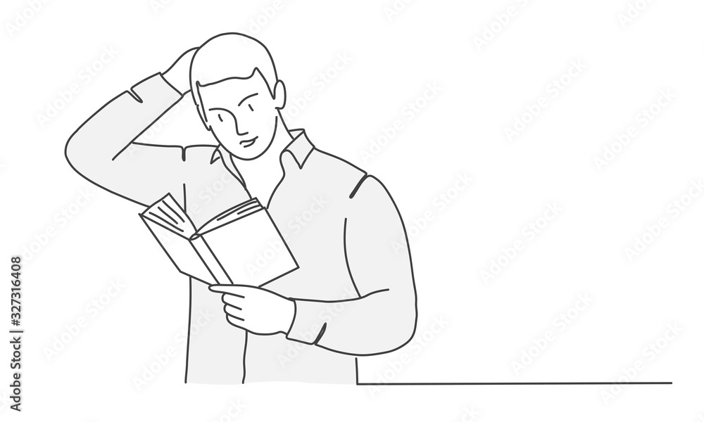 Man or student looks at the book and scratches his head with his hand. Hand drawn vector illustration. Man or student looks at the book and scratches his head with his hand. Hand drawn vector illustration.