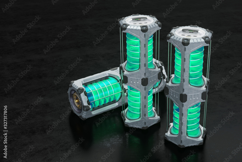 Front view of 2 SciFi Hexagonal Power Tank straight put on base and 1 on its side with glowing green translucent cylinders Front view of 2 SciFi Hexagonal Power Tank straight put on base and 1 on its side with glowing green translucent cylinders