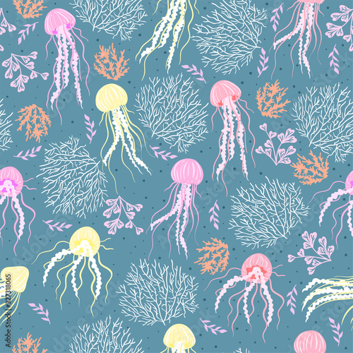 Seamless pattern with jellyfish and corals in pastel colors. Vector graphics.