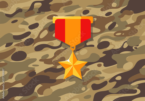 Vector illustration of a gold star breastplate, a medal on a background of military brown camouflage