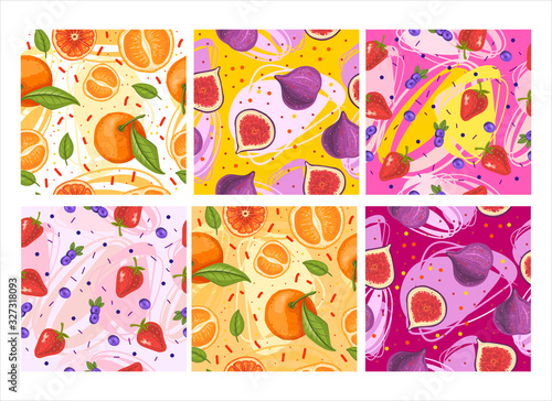 Vector set of six seamless patterns with fruit and berries. Natural fruitarian textures for apparel, wrapping paper, textile, kitchen décor, tapestry. 