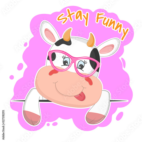 Happy cute cartoon cow isolated on a pink background.