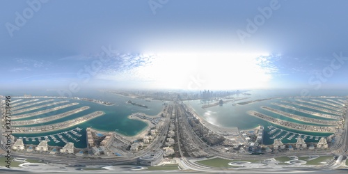 360 degrees aerial panoramic shot of the Palm Jumeirah artificial archipelago in Dubai, UAE