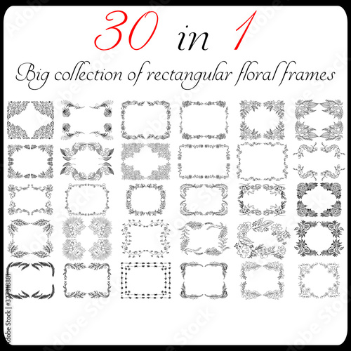 Big collection of 30 rectangular floral frames. Big floral botanical flowers set isolated on a white background. Hand drawn outline vector collection. Spring blossom