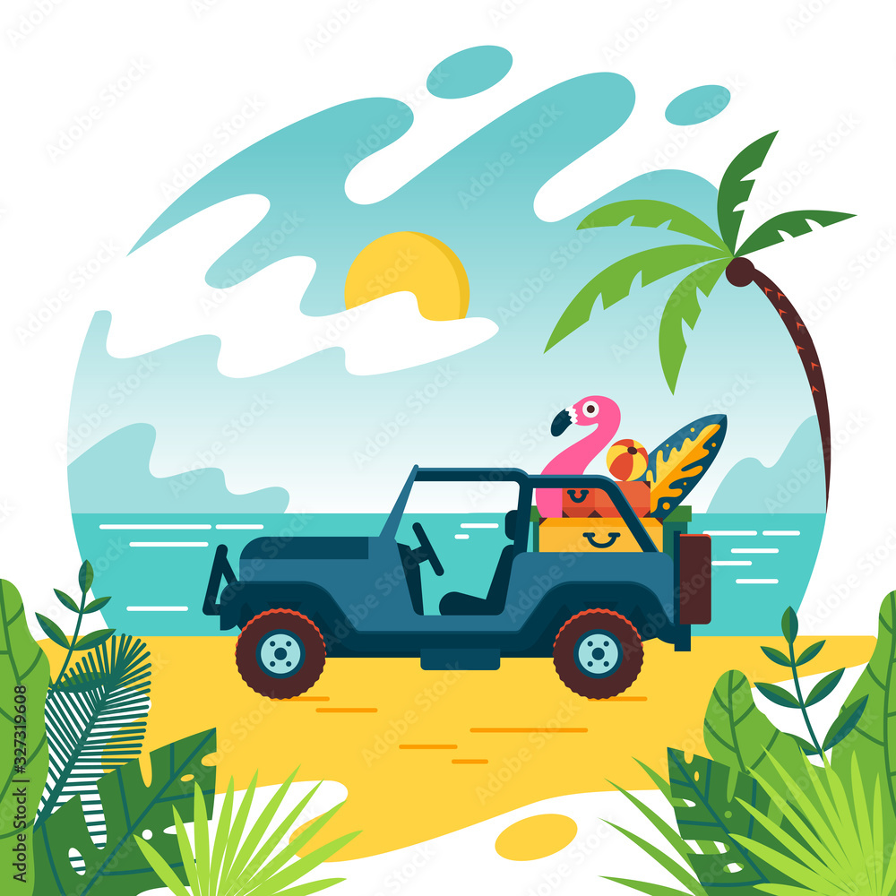 Summer time and jeep car on beach with few suitcase. Vacation and travel