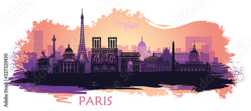 Stylized landscape of Paris with Eiffel tower, arc de Triomphe and Notre Dame Cathedral with spots and splashes of paint