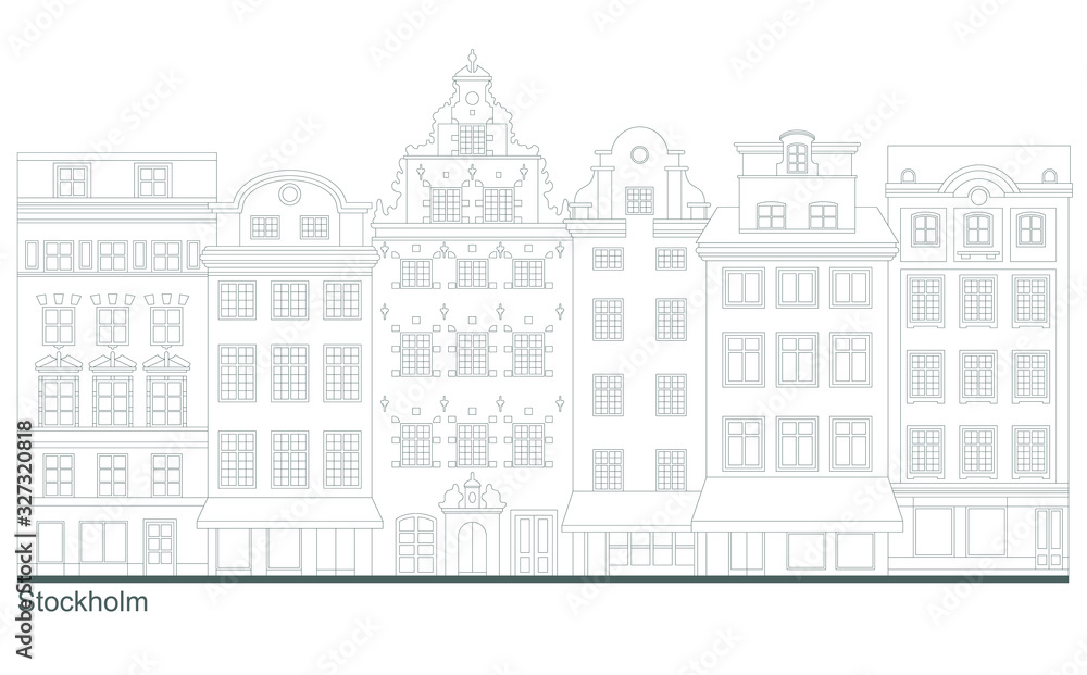 Stockholm - Stortorget place in Gamla stan. Stylized linear highly detailed illustration of an old European town