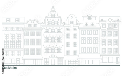 Stockholm - Stortorget place in Gamla stan. Stylized linear highly detailed illustration of an old European town