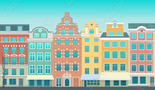 Stockholm - Stortorget place in Gamla stan. Stylized flat highly detailed illustration of an old European town
