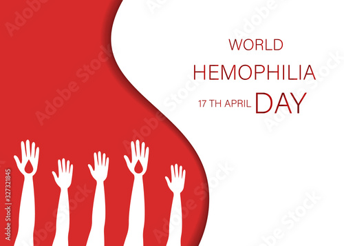 World Hemophilia Day card 17 april. Paper hands art Earth vector illustration contains red bleeding heart on red background. Medical concept in the care of patients with hemophilia