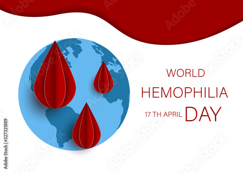 World Hemophilia Day card 17 april. Paper art Earth vector illustration contains red bleeding heart on red background. Medical concept in the care of patients with hemophilia