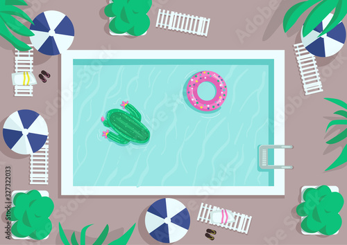 Top view square pool flat color vector illustration. Air mattresses to float on water. Hotel resort. Inflatable donut and cactus. Poolside 2D cartoon landscape with lounger and umbrellas on background