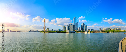 Beautiful city skyline and buildings with lake in Suzhou,panoramic view.