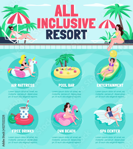 All inclusive resort flat color vector informational infographic template. Poster, booklet, PPT page concept design with cartoon characters. Advertising flyer, leaflet, info banner idea