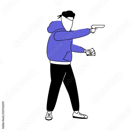Armed burglar flat color vector faceless character. Man with weapon stealing cash. Money theft. Street robbery. Mugger, thief. Robber in mask. Isolated cartoon illustration