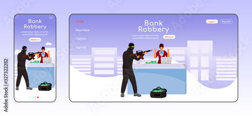 Bank robbery adaptive landing page flat color vector template. Armed burglary mobile and PC homepage layout. Criminal with firearm. Money theft one page website UI. Webpage cross platform design