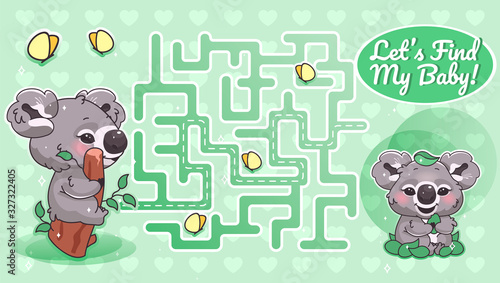 Lets find my baby green labyrinth with cartoon character template. Australian animal find path maze with solution for educational kids game. Koala looking for baby printable flat vector layout