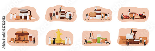 Coffee culture flat concept vector illustration set. Dallah set. Matcha latte. Patisserie with desserts. People drinking espresso 2D cartoon characters for web design. Coffeeshop creative idea