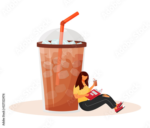 Iced americano flat concept vector illustration. Summer coffeehouse menu. Frozen coffee drink. Sweet refreshment. Woman reading 2D cartoon character for web design. Coffeeshop creative idea