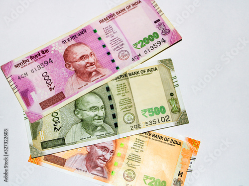 New Indian currency of 200, 500 and 2000 Rupee notes isolated on white background