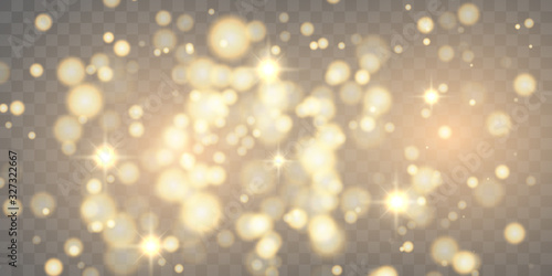 Golden particles glow light effect. Glowing yellow powder splash circles. abstract gold bokeh luxury background. Magic mist glowing on Transparent background.