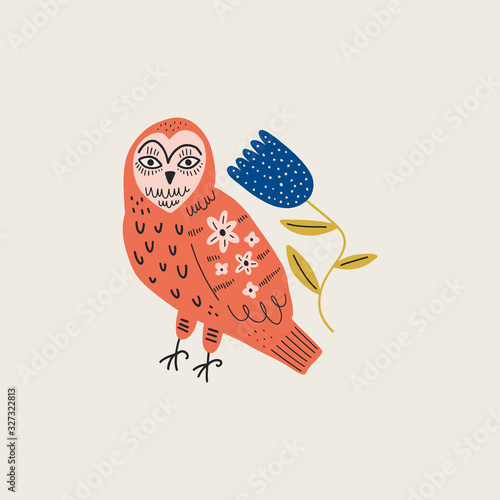 Modern folk tribal boho patterned animal in Scandinavian style. Floral Slovak ornament, inspired by northern mythology and fairy tales. Swedish folklore drawing, Nordic flowers pattern. Woodland chara