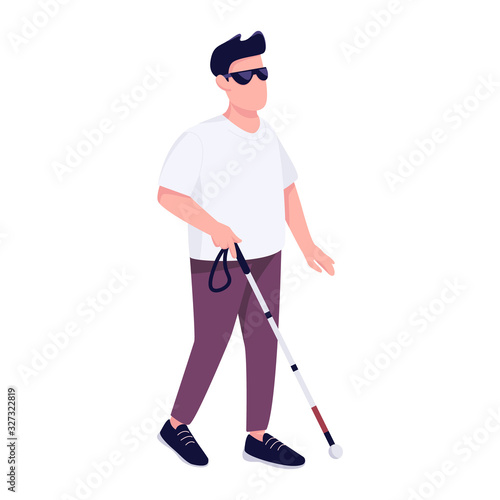 Blind man with walking cane flat color vector faceless character. Disabled young male person with stick strolling alone isolated cartoon illustration for web graphic design and animation