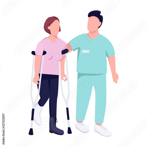 Woman on crutches and doctor flat color vector faceless character. Female patient with broken leg in plaster and traumatologist isolated cartoon illustration for web graphic design and animation